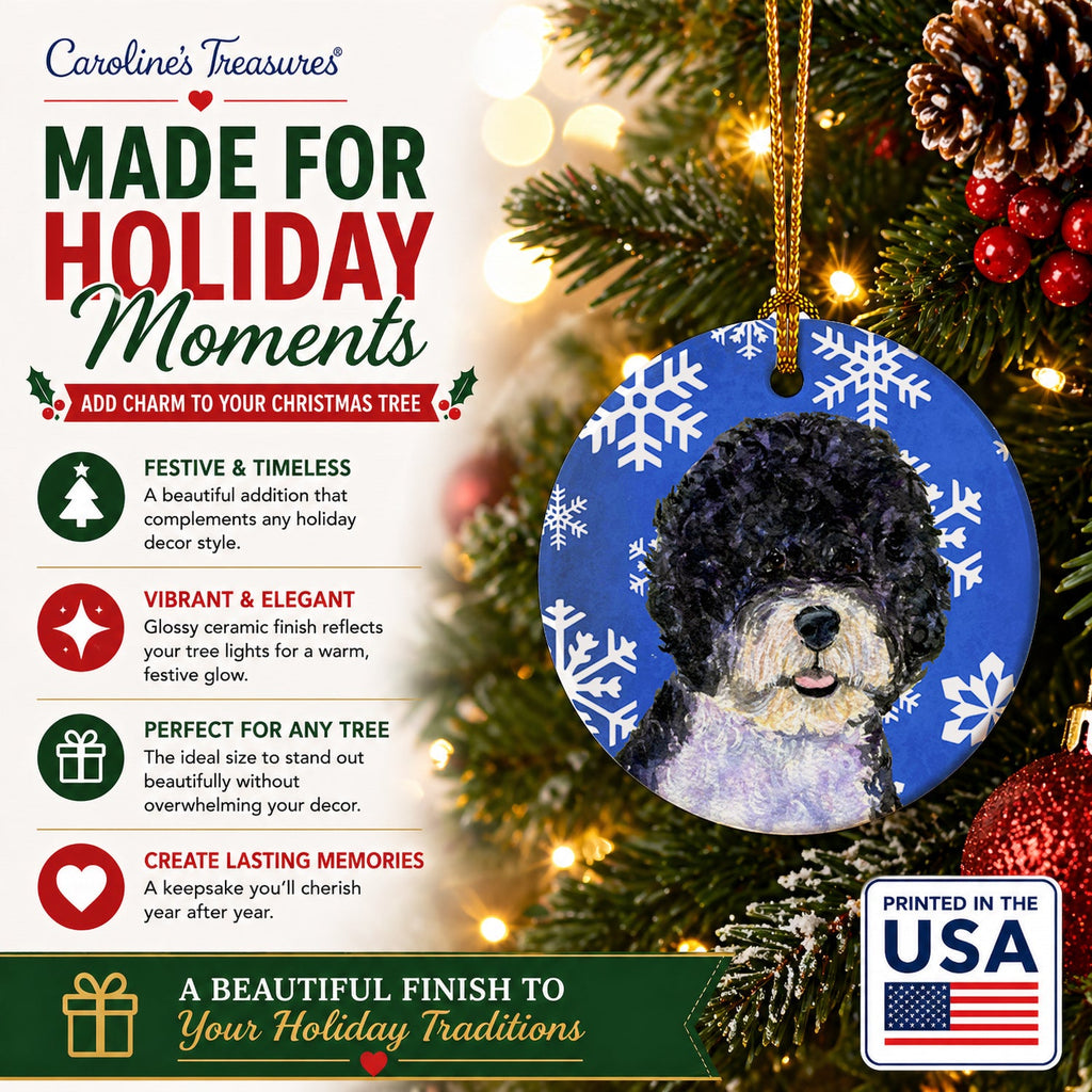 Portuguese Water Dog Winter Snowflakes Holiday Ceramic Ornament Christmas Tree Hanging Decorations for Home Christmas Holiday, Party, Gift, 3 in, Multicolor