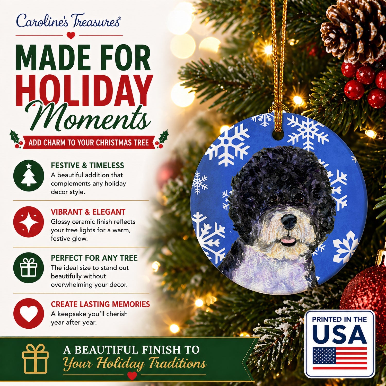 Portuguese Water Dog Winter Snowflakes Holiday Ceramic Ornament Christmas Tree Hanging Decorations for Home Christmas Holiday, Party, Gift, 3 in, Multicolor