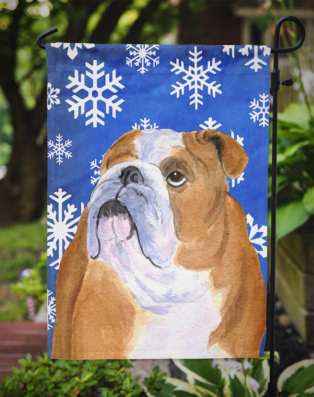 Bulldog English Winter Snowflakes Holiday Garden Flag Mailbox Decorative Yard Banner Outside Patio Artwork for Flower Beds, Garden Size, Multicolor
