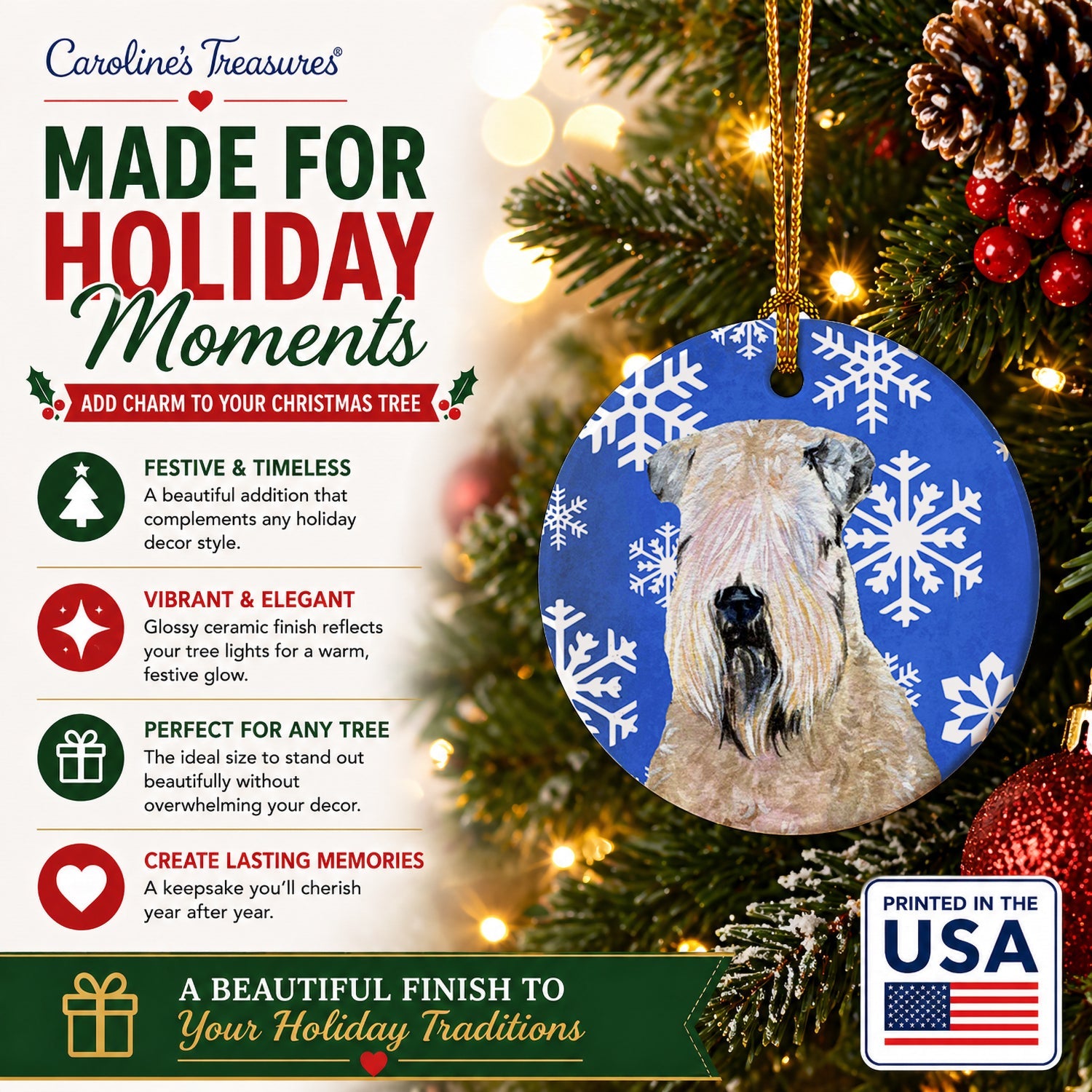 Wheaten Terrier Soft Coated Winter Snowflakes Holiday Ceramic Ornament Christmas Tree Hanging Decorations for Home Christmas Holiday, Party, Gift, 3 in, Multicolor