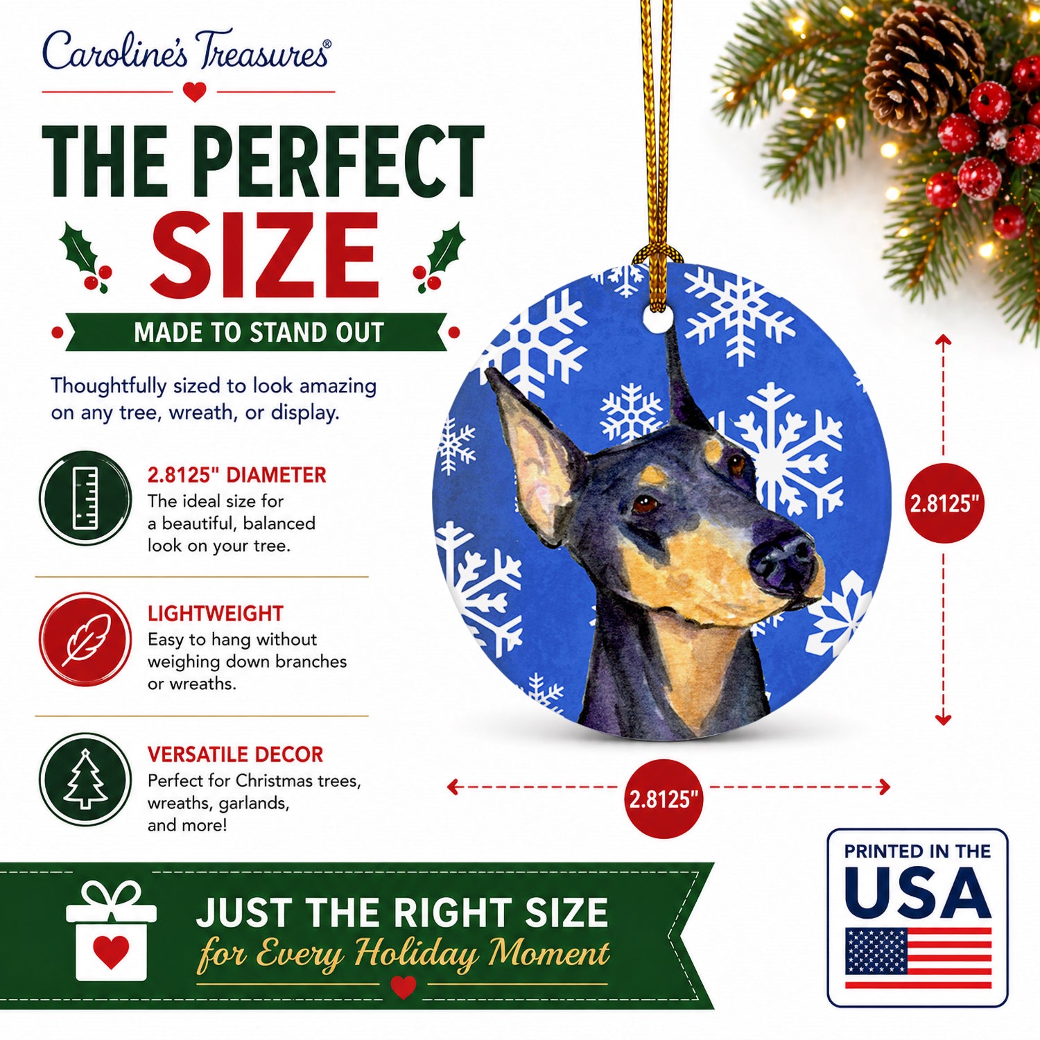 Doberman Winter Snowflakes Holiday Ceramic Ornament Christmas Tree Hanging Decorations for Home Christmas Holiday, Party, Gift, 3 in, Multicolor
