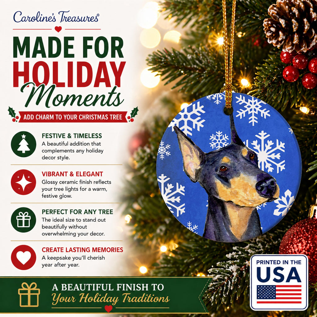 Doberman Winter Snowflakes Holiday Ceramic Ornament Christmas Tree Hanging Decorations for Home Christmas Holiday, Party, Gift, 3 in, Multicolor