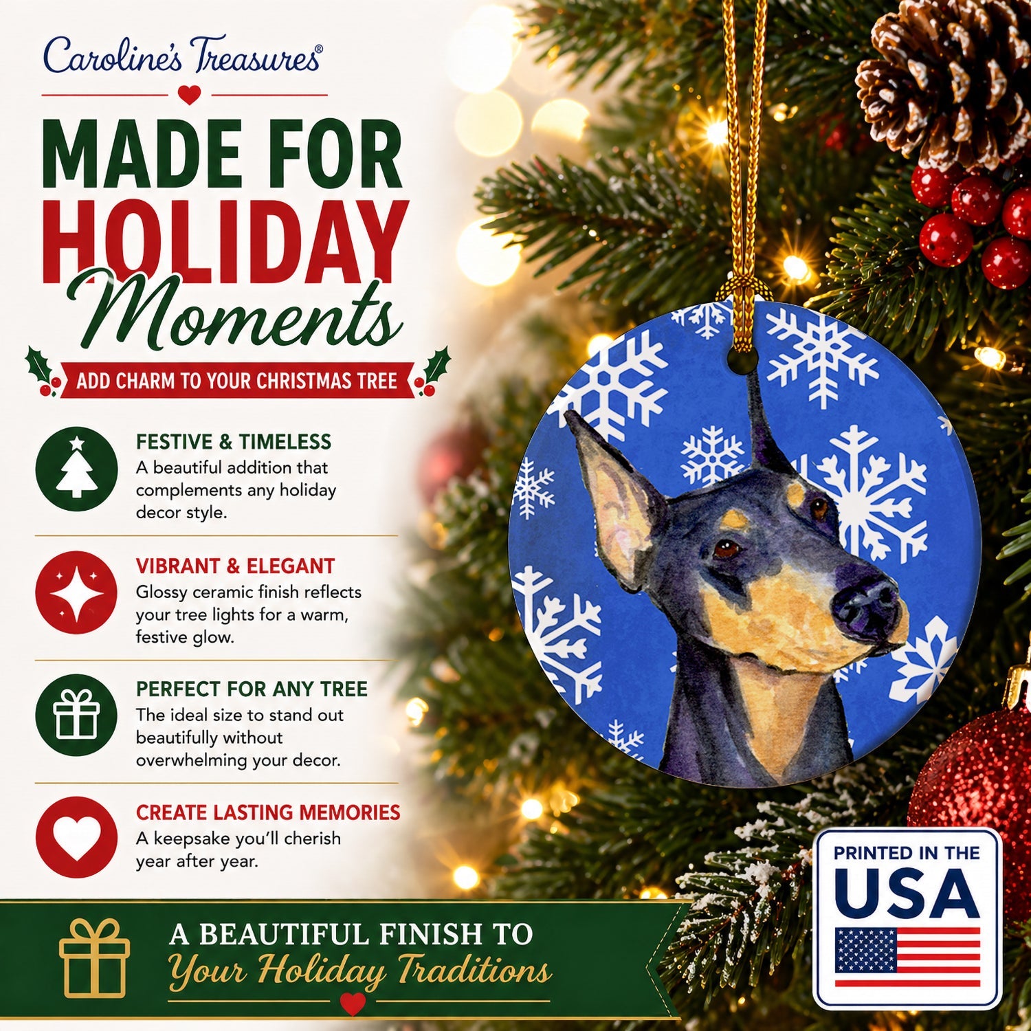 Doberman Winter Snowflakes Holiday Ceramic Ornament Christmas Tree Hanging Decorations for Home Christmas Holiday, Party, Gift, 3 in, Multicolor
