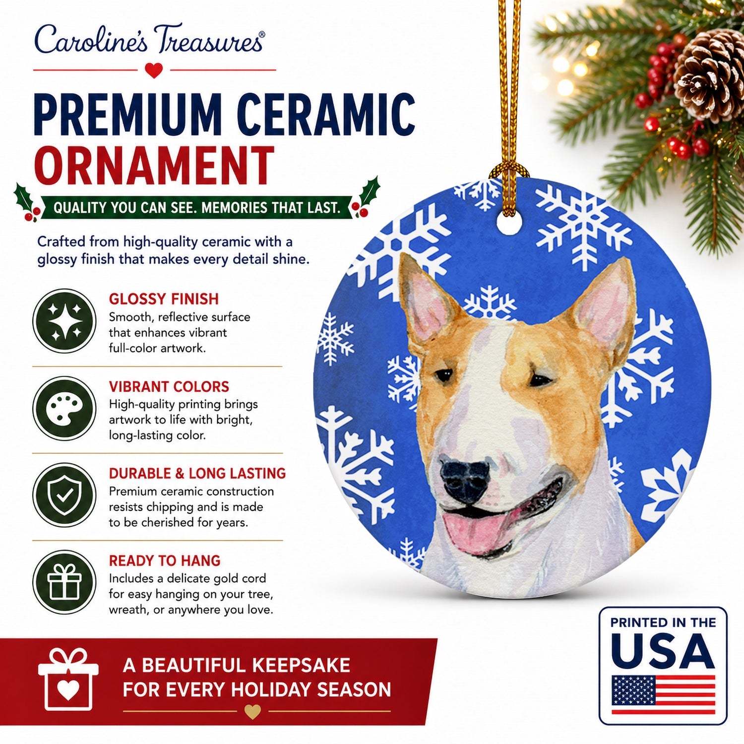 Bull Terrier Winter Snowflakes Holiday Ceramic Ornament Christmas Tree Hanging Decorations for Home Christmas Holiday, Party, Gift, 3 in, Multicolor