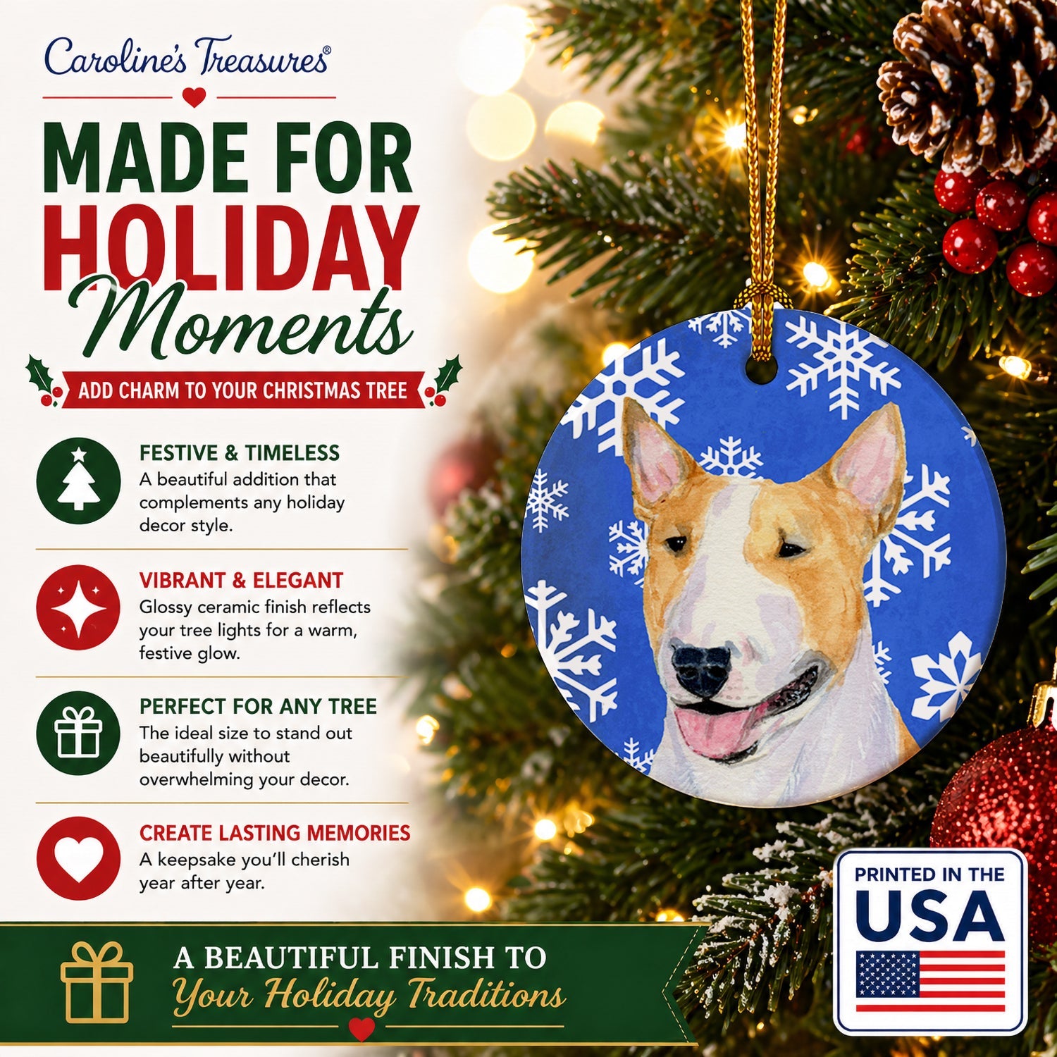 Bull Terrier Winter Snowflakes Holiday Ceramic Ornament Christmas Tree Hanging Decorations for Home Christmas Holiday, Party, Gift, 3 in, Multicolor
