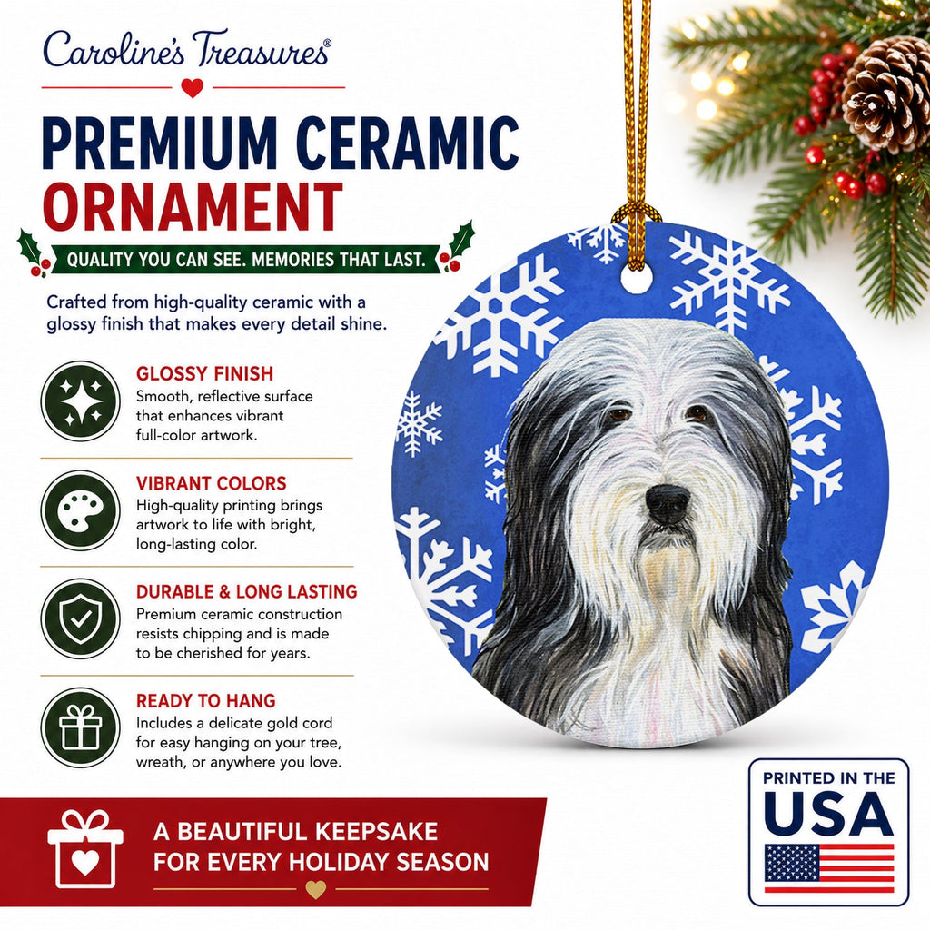 Bearded Collie Winter Snowflakes Holiday Ceramic Ornament Christmas Tree Hanging Decorations for Home Christmas Holiday, Party, Gift, 3 in, Multicolor