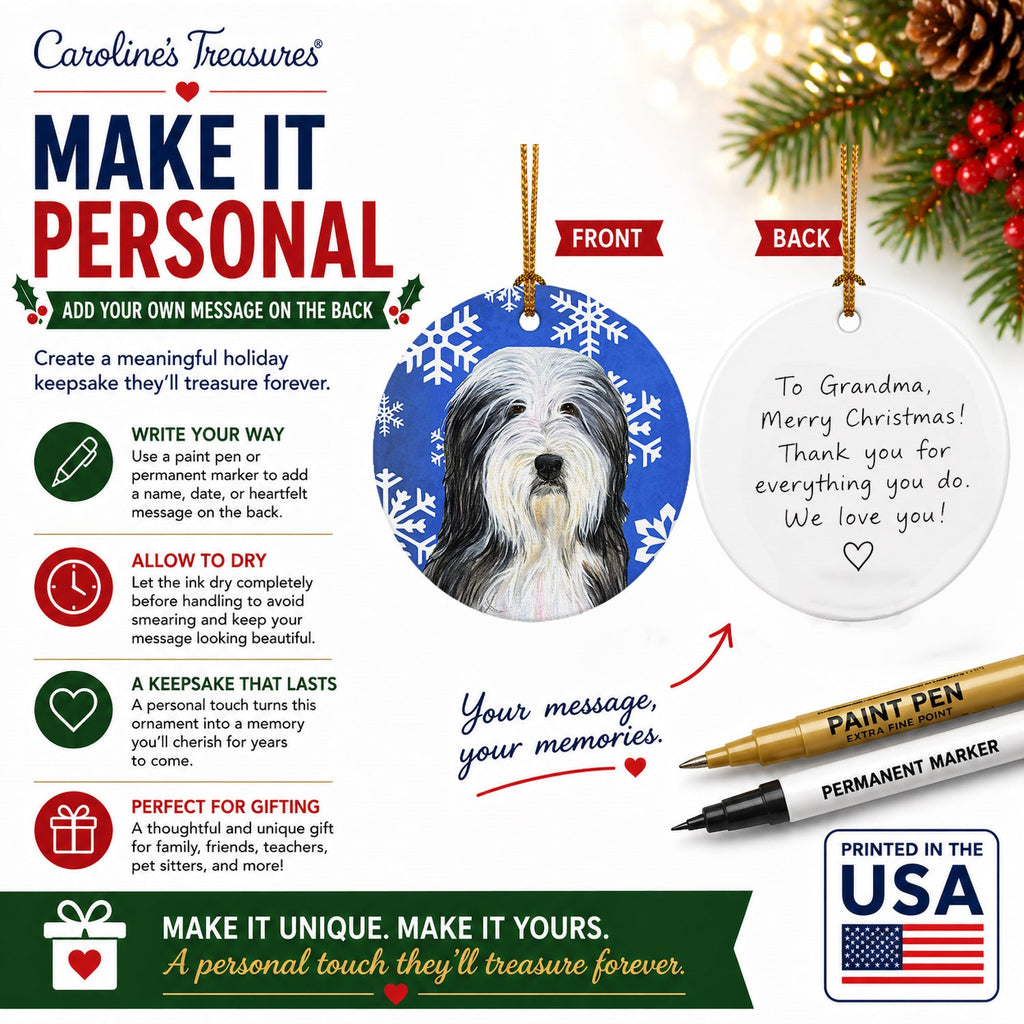 Bearded Collie Winter Snowflakes Holiday Ceramic Ornament Christmas Tree Hanging Decorations for Home Christmas Holiday, Party, Gift, 3 in, Multicolor