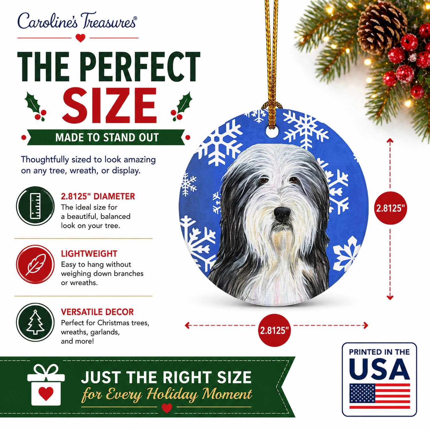 Bearded Collie Winter Snowflakes Holiday Ceramic Ornament Christmas Tree Hanging Decorations for Home Christmas Holiday, Party, Gift, 3 in, Multicolor