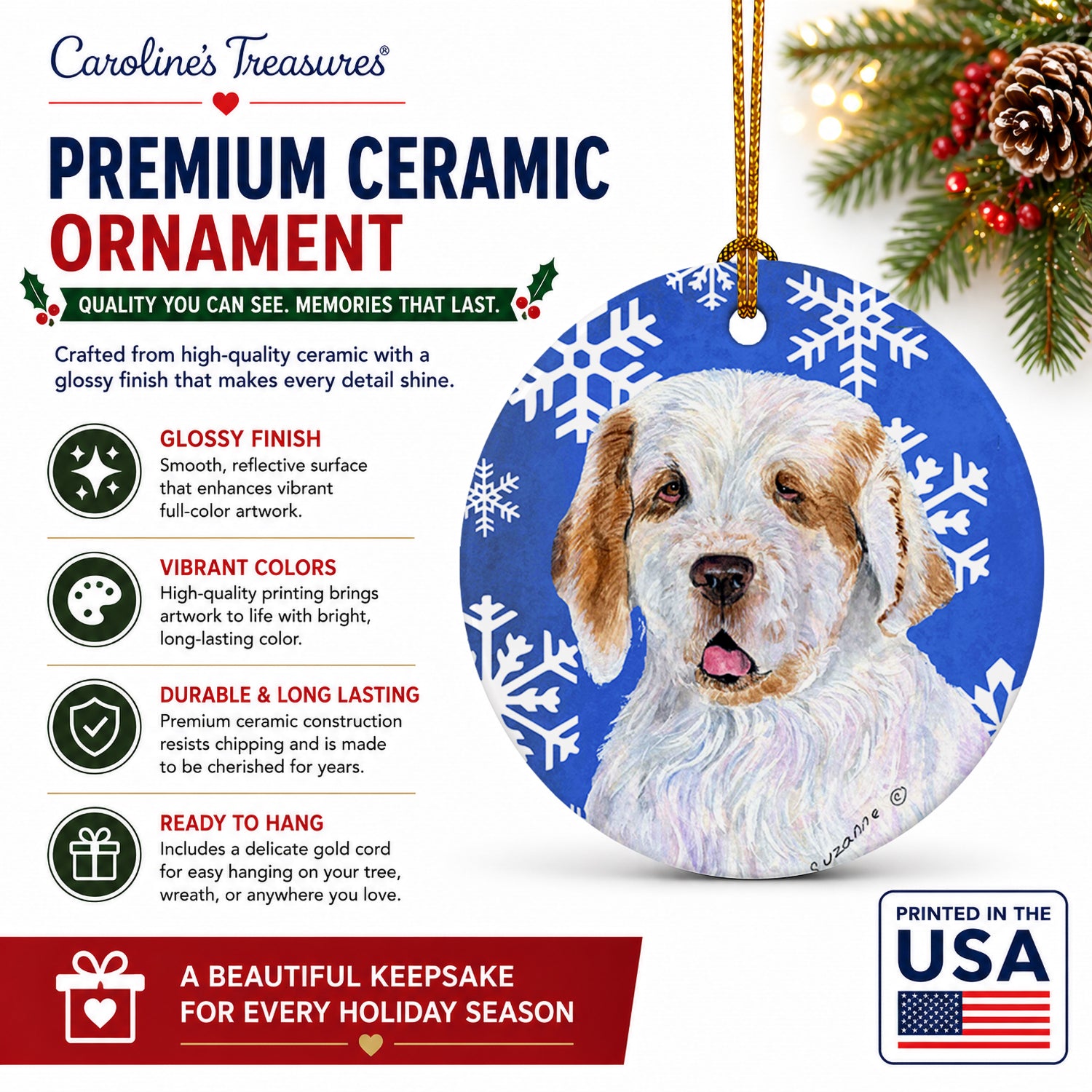 Clumber Spaniel Winter Snowflakes Holiday Ceramic Ornament Christmas Tree Hanging Decorations for Home Christmas Holiday, Party, Gift, 3 in, Multicolor