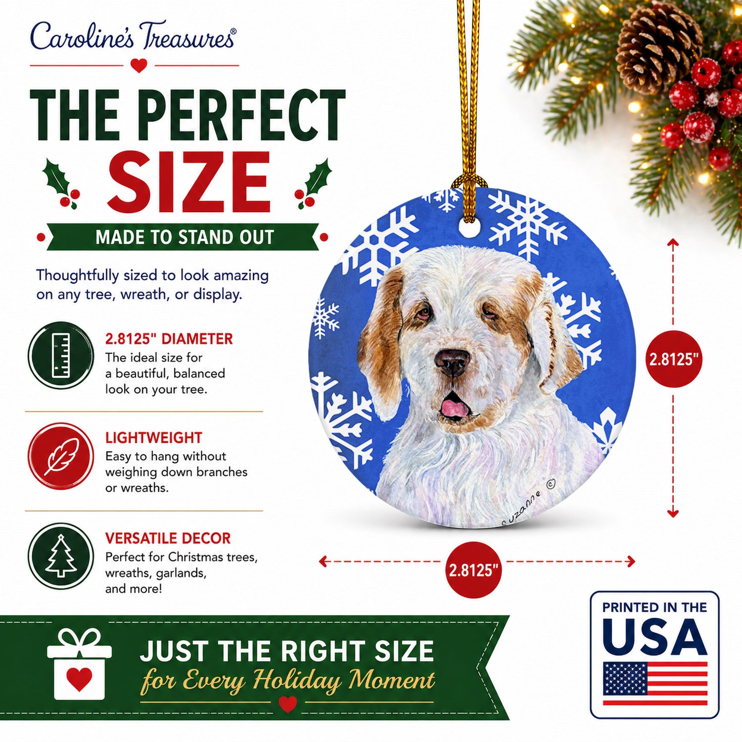 Clumber Spaniel Winter Snowflakes Holiday Ceramic Ornament Christmas Tree Hanging Decorations for Home Christmas Holiday, Party, Gift, 3 in, Multicolor