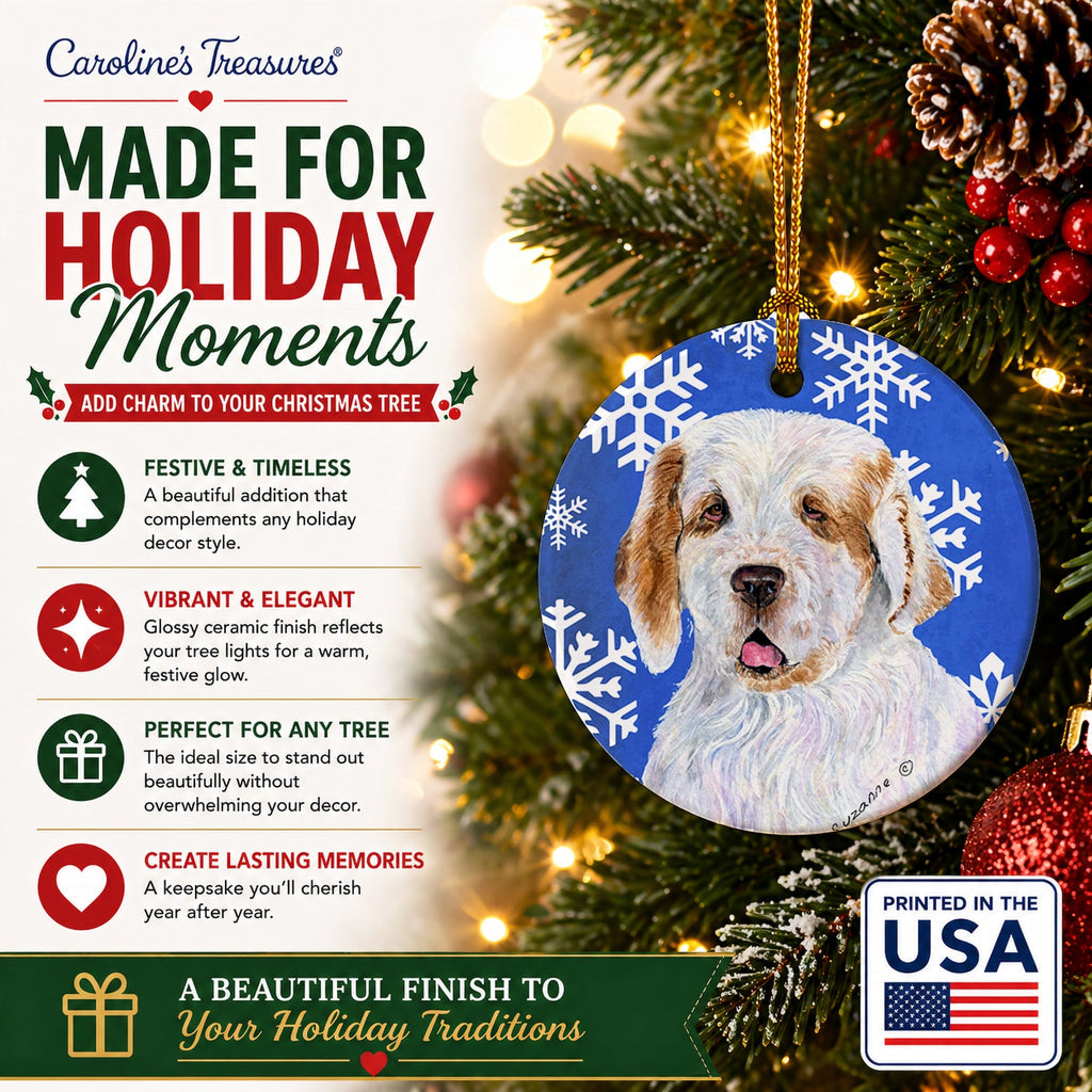 Clumber Spaniel Winter Snowflakes Holiday Ceramic Ornament Christmas Tree Hanging Decorations for Home Christmas Holiday, Party, Gift, 3 in, Multicolor