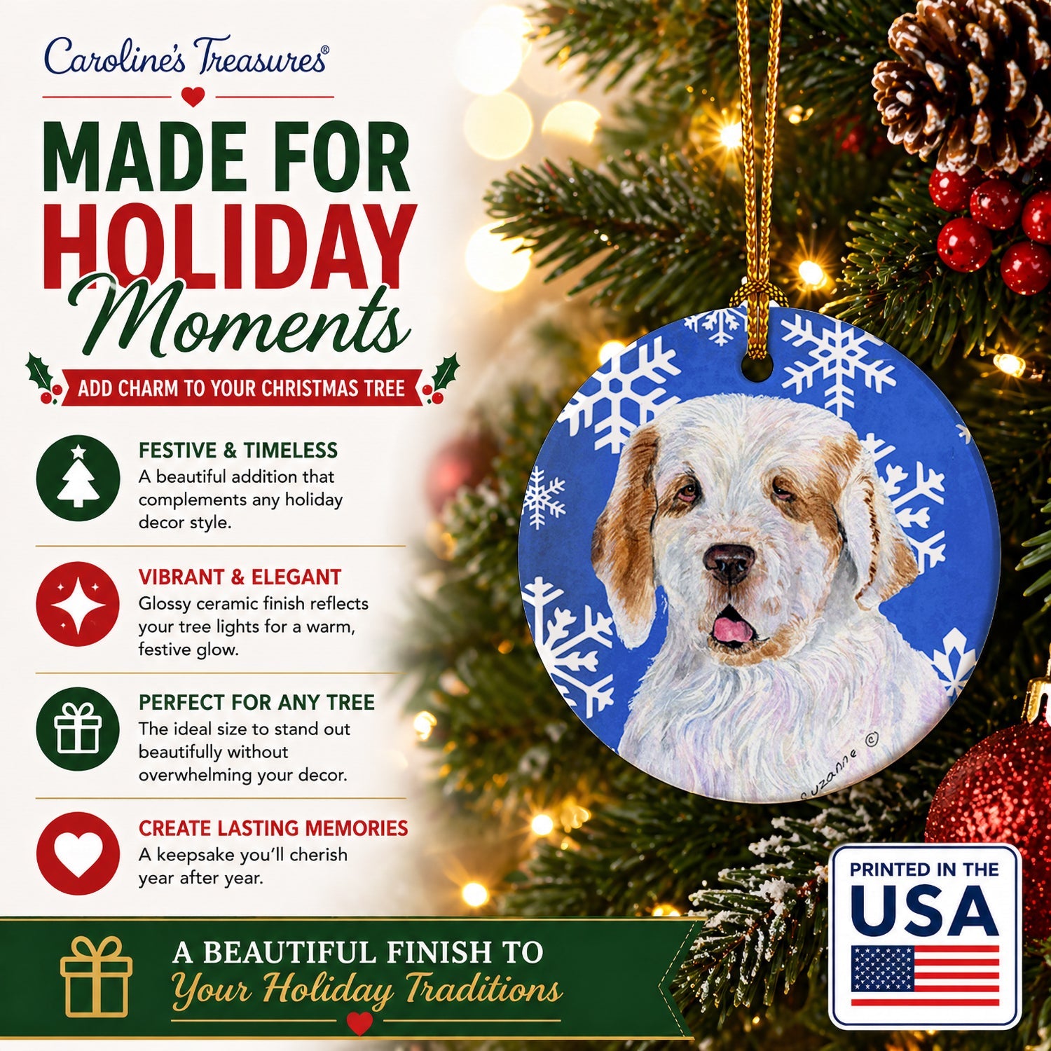 Clumber Spaniel Winter Snowflakes Holiday Ceramic Ornament Christmas Tree Hanging Decorations for Home Christmas Holiday, Party, Gift, 3 in, Multicolor