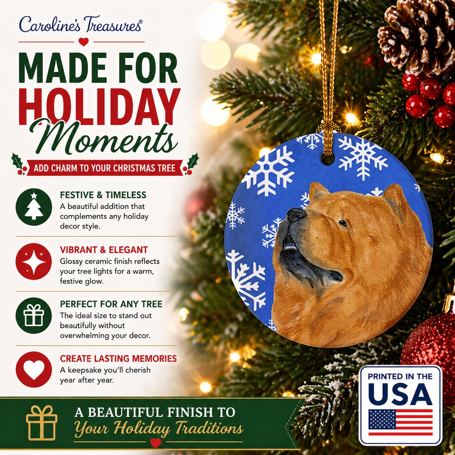 Chow Chow Winter Snowflakes Holiday Ceramic Ornament Christmas Tree Hanging Decorations for Home Christmas Holiday, Party, Gift, 3 in, Multicolor