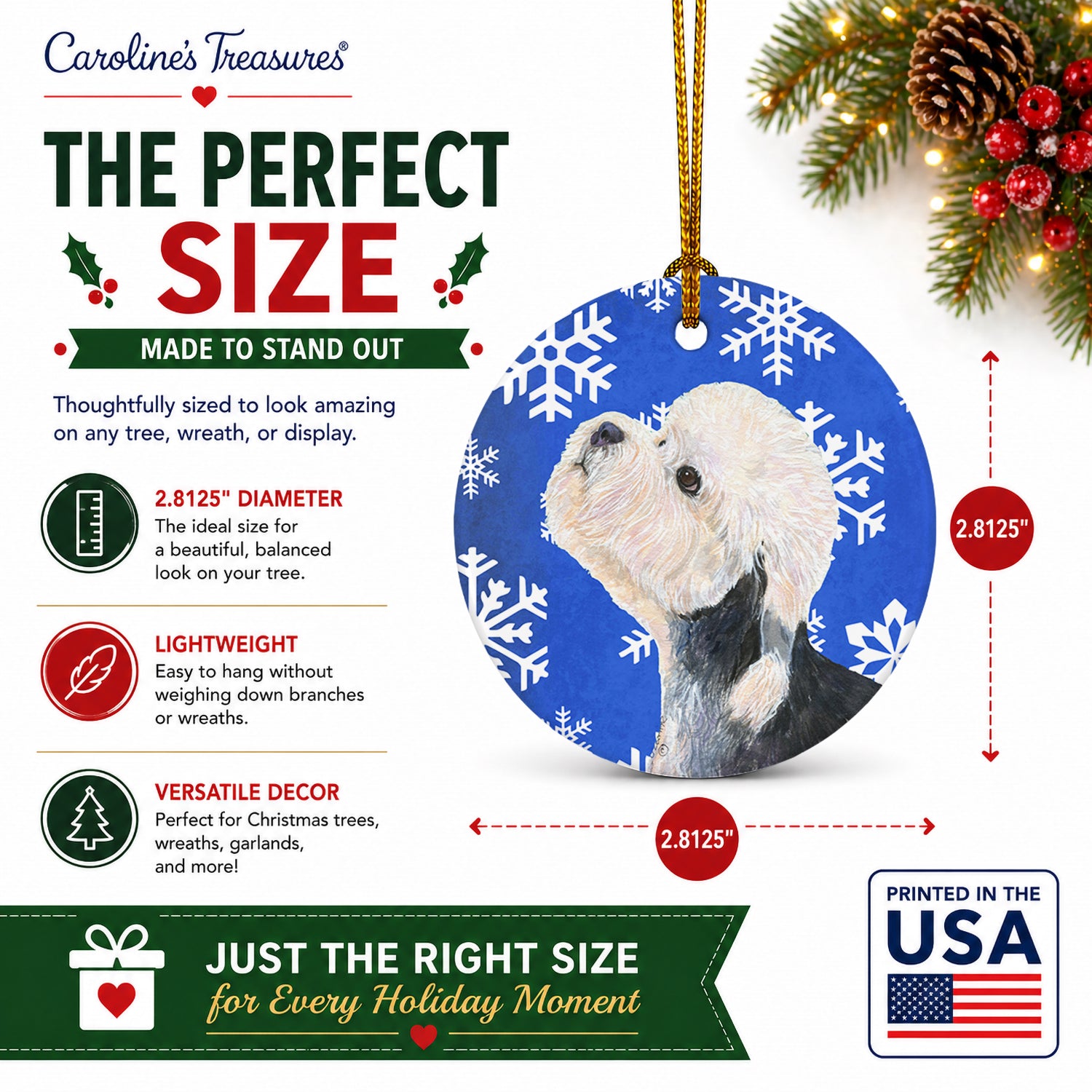 Dandie Dinmont Terrier Winter Snowflakes Holiday Ceramic Ornament Christmas Tree Hanging Decorations for Home Christmas Holiday, Party, Gift, 3 in, Multicolor