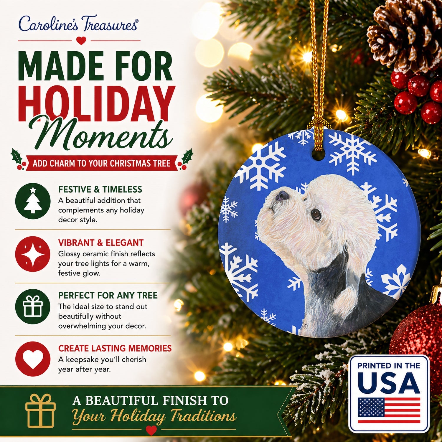 Dandie Dinmont Terrier Winter Snowflakes Holiday Ceramic Ornament Christmas Tree Hanging Decorations for Home Christmas Holiday, Party, Gift, 3 in, Multicolor