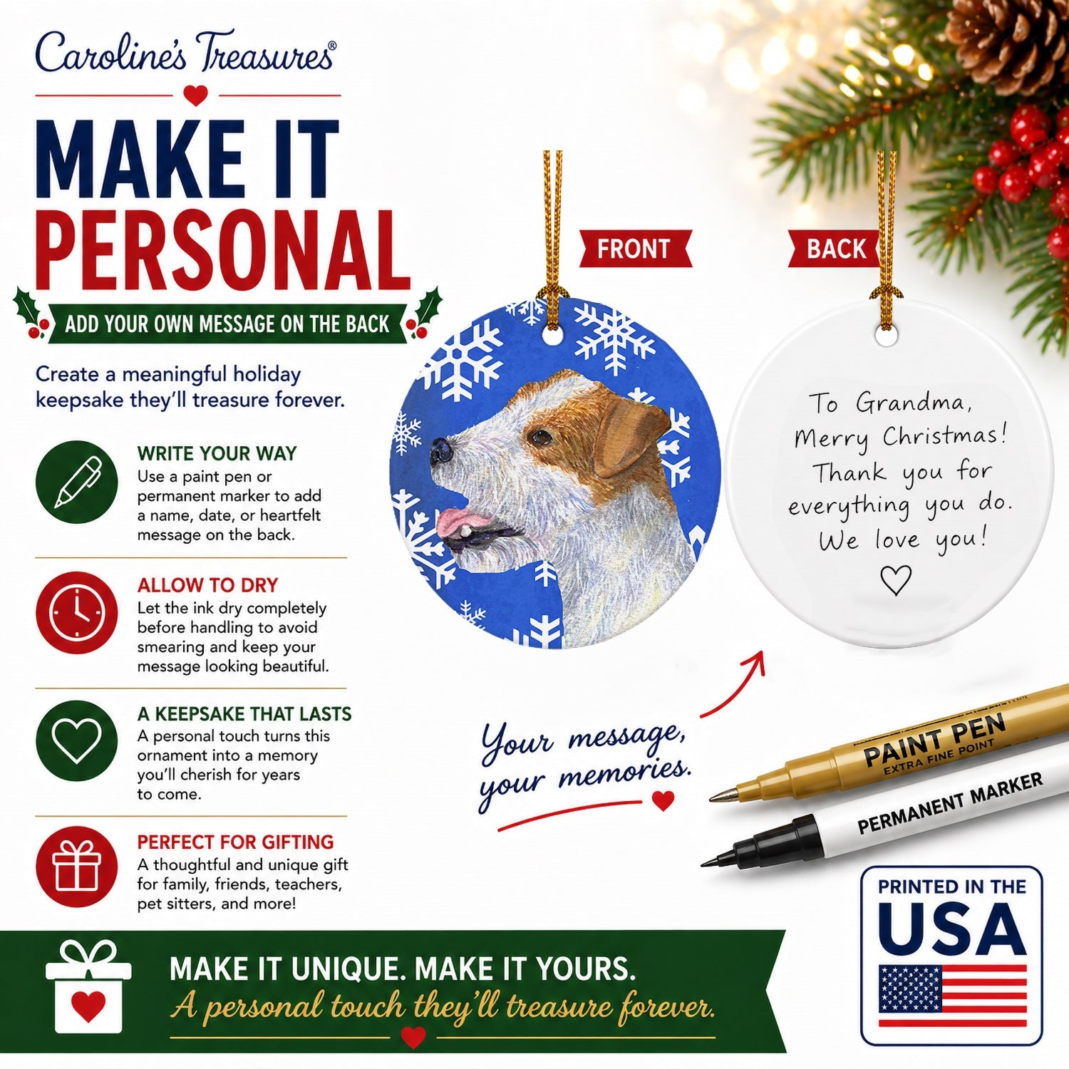 Jack Russell Terrier Winter Snowflakes Holiday Ceramic Ornament Christmas Tree Hanging Decorations for Home Christmas Holiday, Party, Gift, 3 in, Multicolor