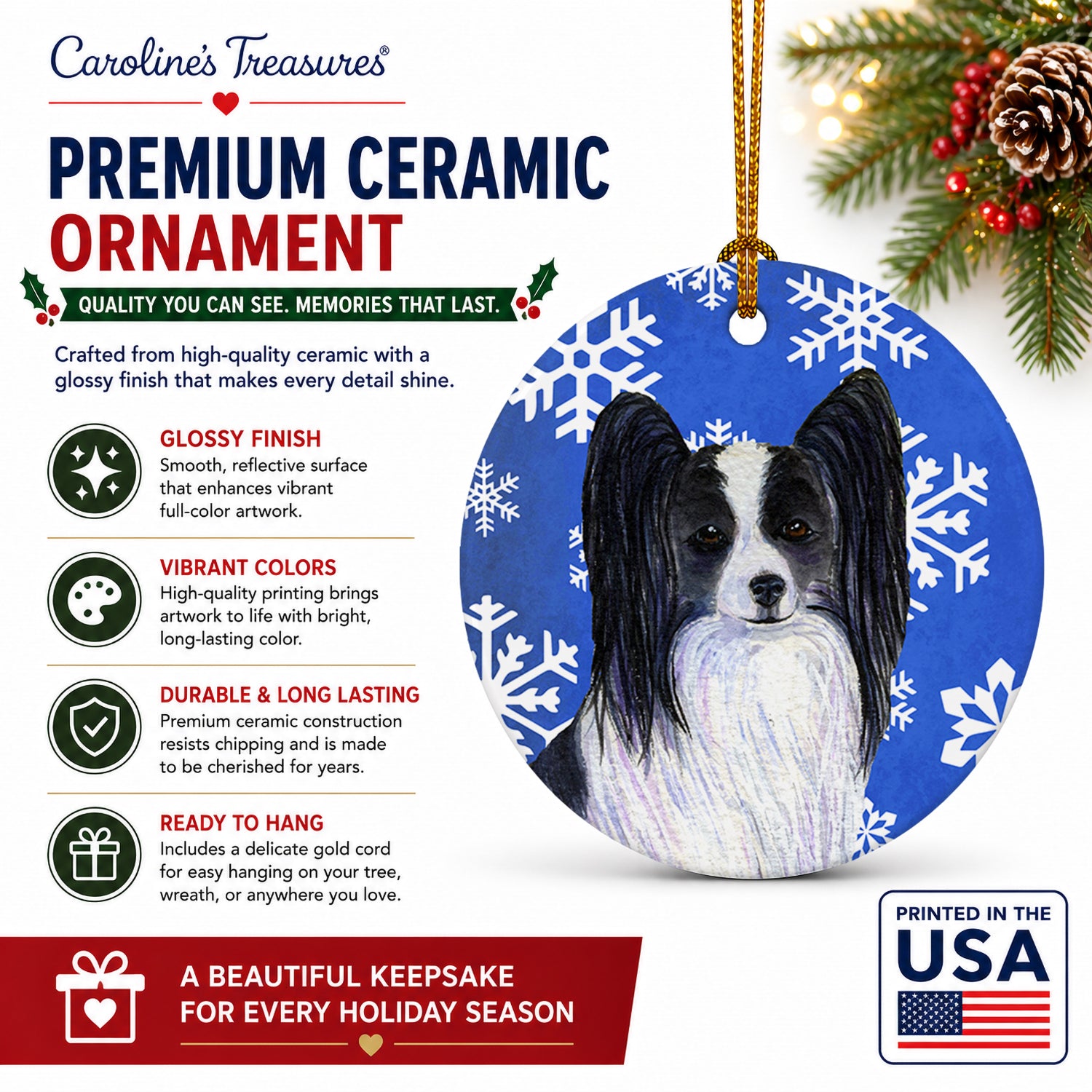 Papillon Winter Snowflakes Holiday Ceramic Ornament Christmas Tree Hanging Decorations for Home Christmas Holiday, Party, Gift, 3 in, Multicolor