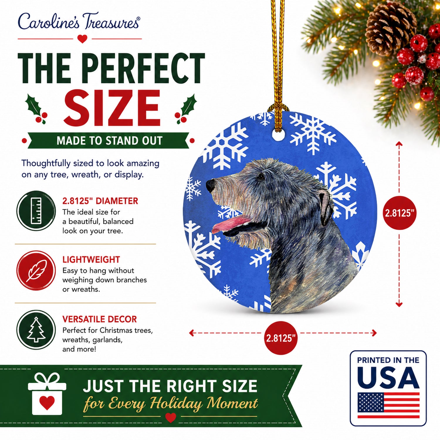 Irish Wolfhound Winter Snowflakes Holiday Ceramic Ornament Christmas Tree Hanging Decorations for Home Christmas Holiday, Party, Gift, 3 in, Multicolor