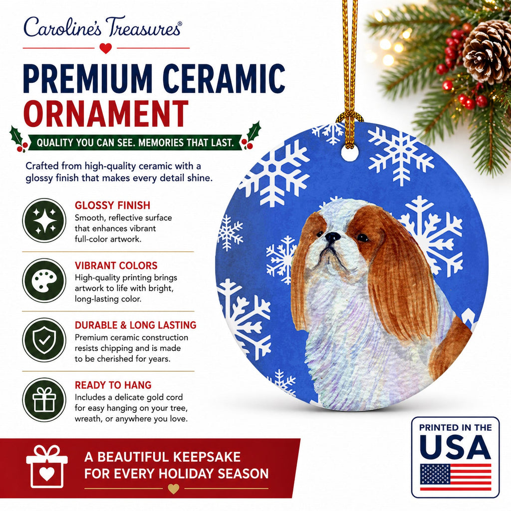 English Toy Spaniel Winter Snowflakes Holiday Ceramic Ornament Christmas Tree Hanging Decorations for Home Christmas Holiday, Party, Gift, 3 in, Multicolor