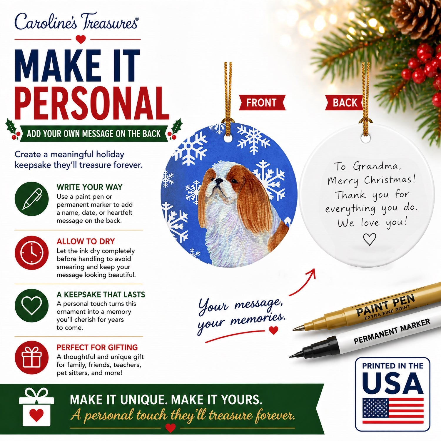 English Toy Spaniel Winter Snowflakes Holiday Ceramic Ornament Christmas Tree Hanging Decorations for Home Christmas Holiday, Party, Gift, 3 in, Multicolor
