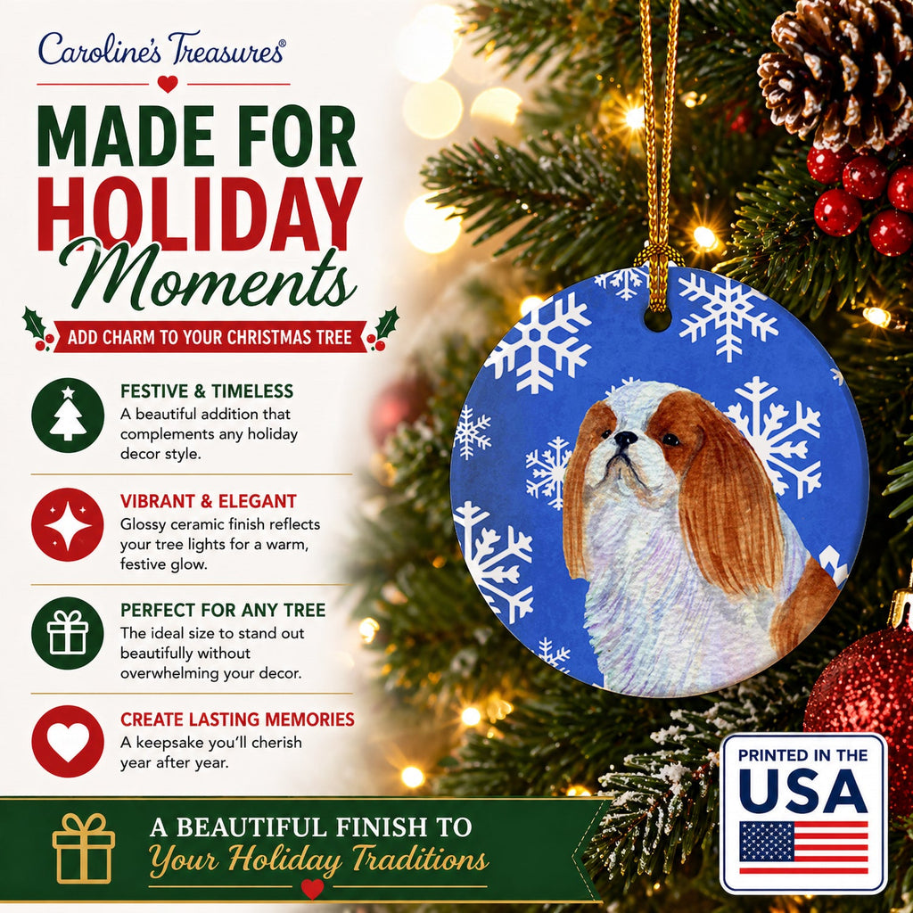 English Toy Spaniel Winter Snowflakes Holiday Ceramic Ornament Christmas Tree Hanging Decorations for Home Christmas Holiday, Party, Gift, 3 in, Multicolor