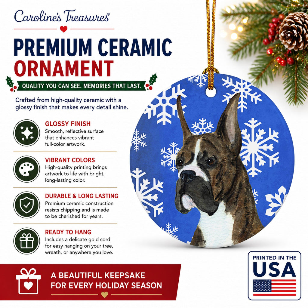 Boxer Winter Snowflakes Holiday Ceramic Ornament Christmas Tree Hanging Decorations for Home Christmas Holiday, Party, Gift, 3 in, Multicolor