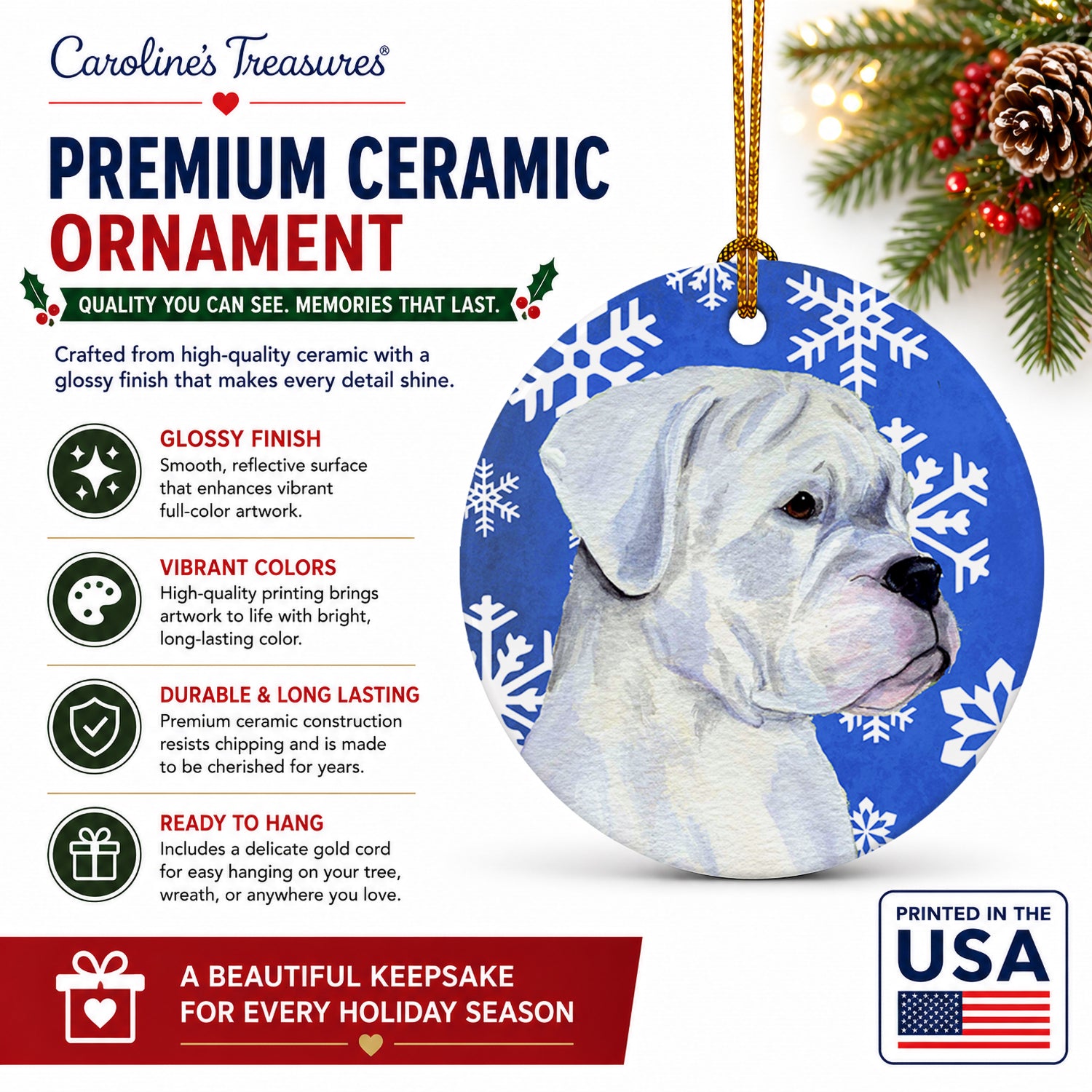 Boxer Winter Snowflakes Holiday Ceramic Ornament Christmas Tree Hanging Decorations for Home Christmas Holiday, Party, Gift, 3 in, Multicolor