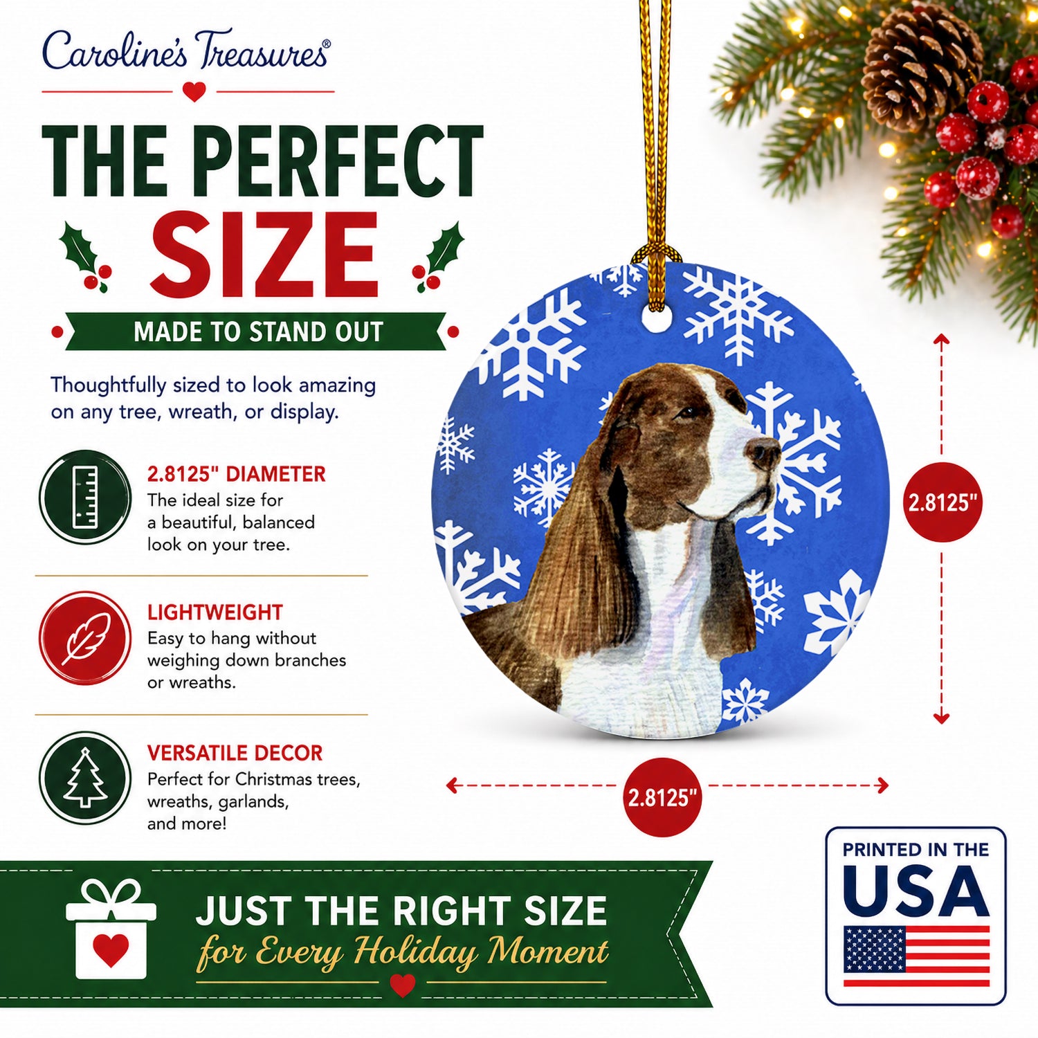 Springer Spaniel Winter Snowflakes Holiday Ceramic Ornament Christmas Tree Hanging Decorations for Home Christmas Holiday, Party, Gift, 3 in, Multicolor