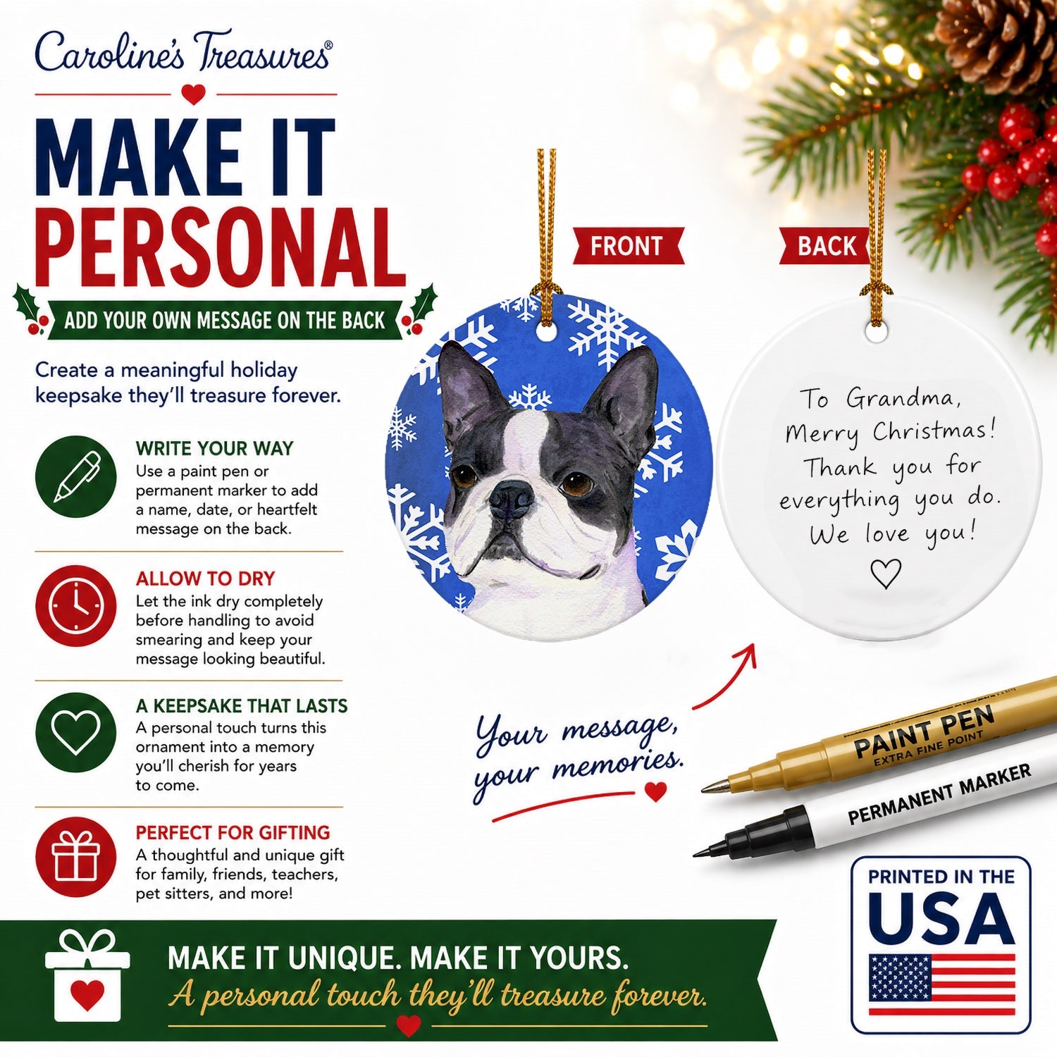 Boston Terrier Winter Snowflakes Holiday Ceramic Ornament Christmas Tree Hanging Decorations for Home Christmas Holiday, Party, Gift, 3 in, Multicolor