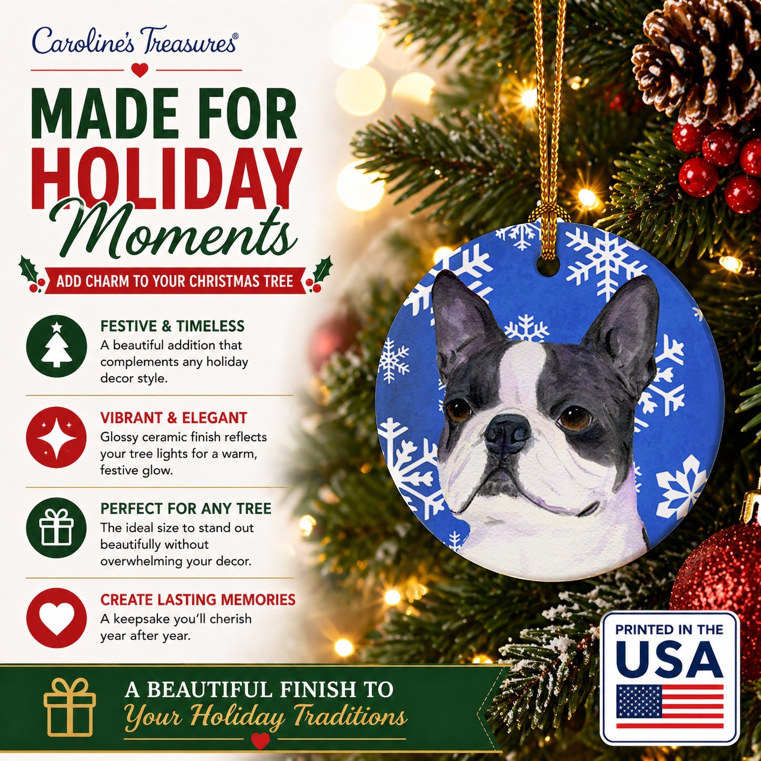 Boston Terrier Winter Snowflakes Holiday Ceramic Ornament Christmas Tree Hanging Decorations for Home Christmas Holiday, Party, Gift, 3 in, Multicolor