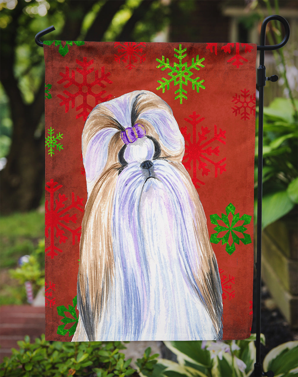Shih Tzu Red and Green Snowflakes Holiday Christmas Garden Flag Mailbox Decorative Yard Banner Outside Patio Artwork for Flower Beds, Garden Size, Multicolor
