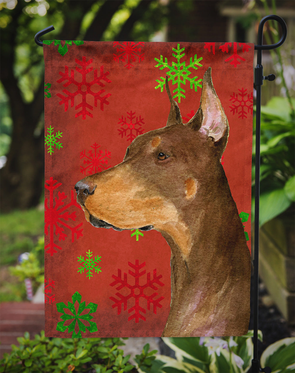 Doberman Red and Green Snowflakes Holiday Christmas Garden Flag Mailbox Decorative Yard Banner Outside Patio Artwork for Flower Beds, Garden Size, Multicolor
