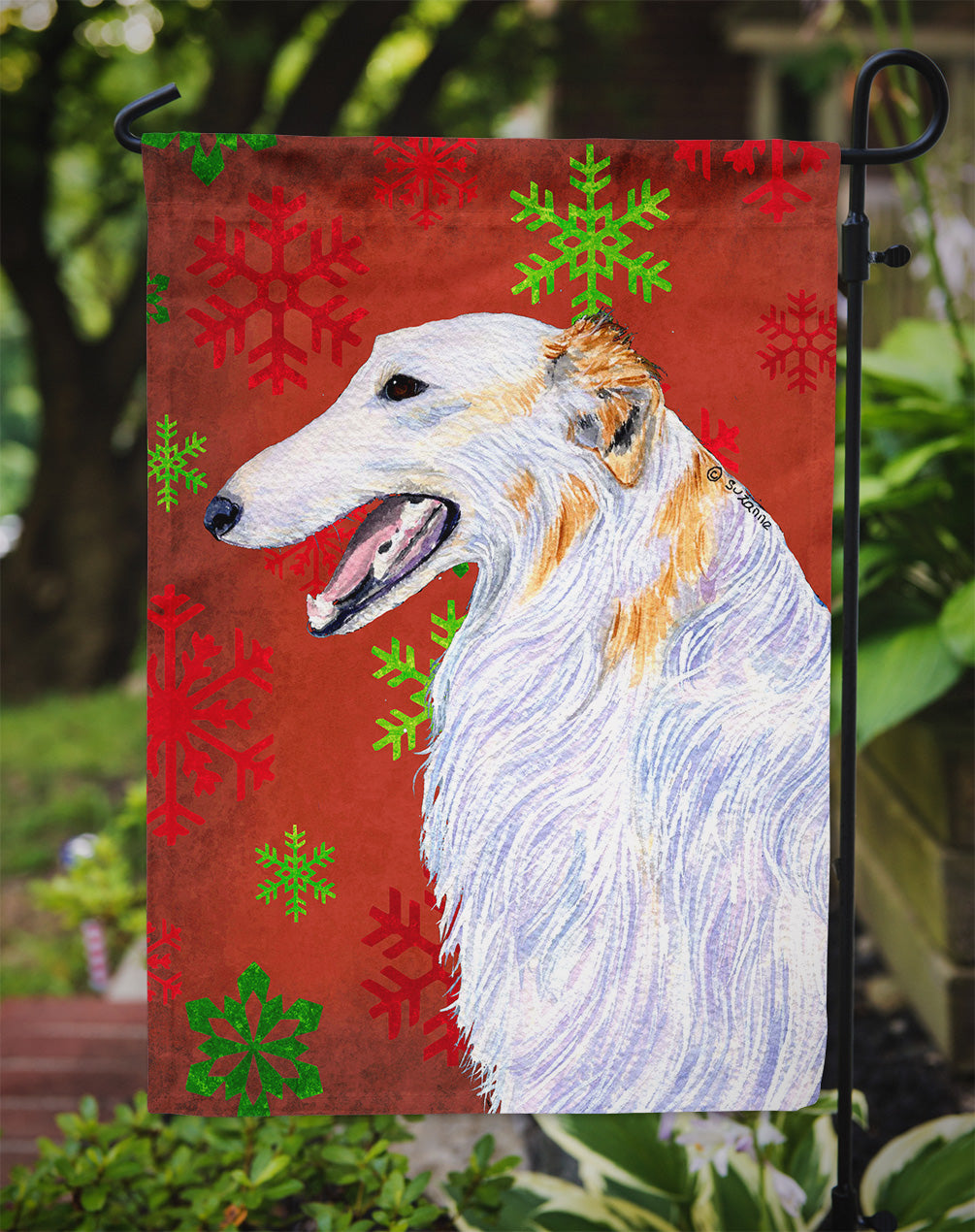Borzoi Red and Green Snowflakes Holiday Christmas Garden Flag Mailbox Decorative Yard Banner Outside Patio Artwork for Flower Beds, Garden Size, Multicolor