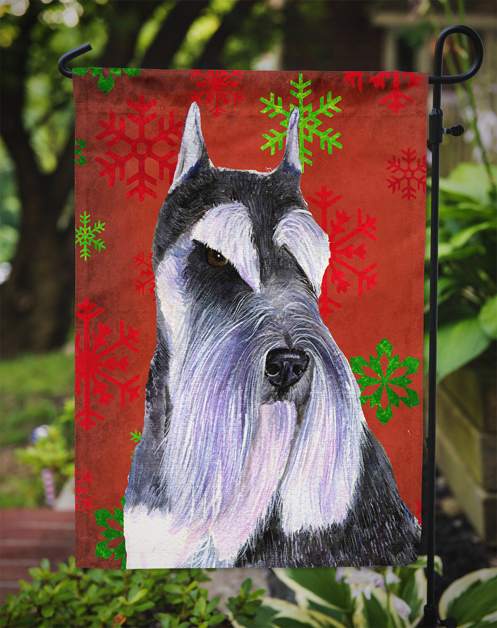 Schnauzer Red and Green Snowflakes Holiday Christmas Garden Flag Mailbox Decorative Yard Banner Outside Patio Artwork for Flower Beds, Garden Size, Multicolor