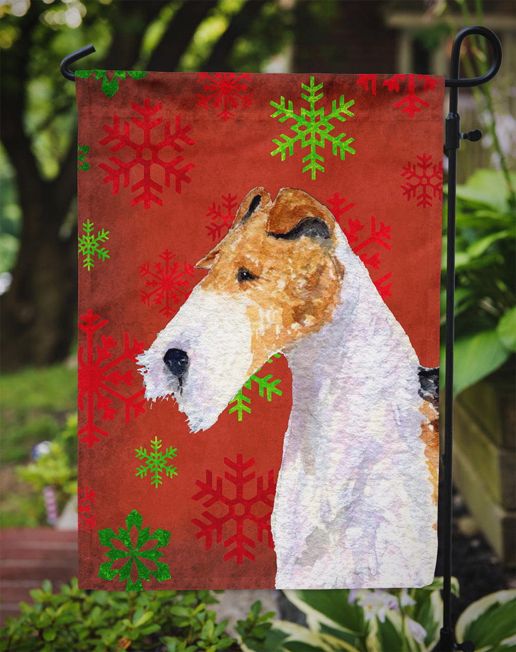 Fox Terrier Red and Green Snowflakes Holiday Christmas Garden Flag Mailbox Decorative Yard Banner Outside Patio Artwork for Flower Beds, Garden Size, Multicolor