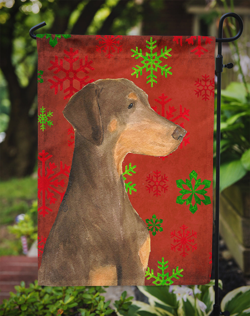 Doberman Red and Green Snowflakes Holiday Christmas Garden Flag Mailbox Decorative Yard Banner Outside Patio Artwork for Flower Beds, Garden Size, Multicolor