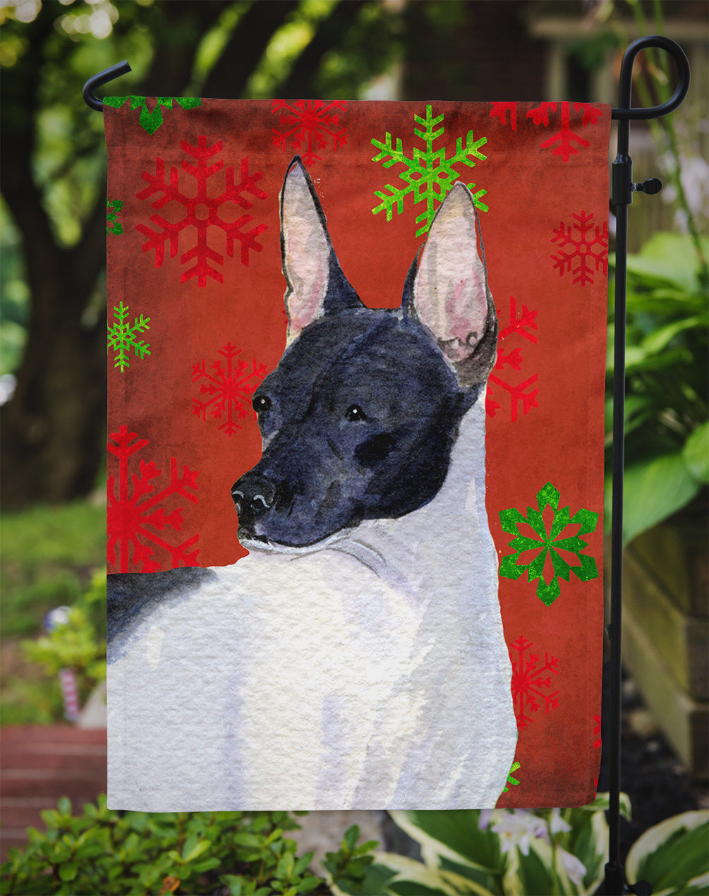 Rat Terrier Red and Green Snowflakes Holiday Christmas Garden Flag Mailbox Decorative Yard Banner Outside Patio Artwork for Flower Beds, Garden Size, Multicolor