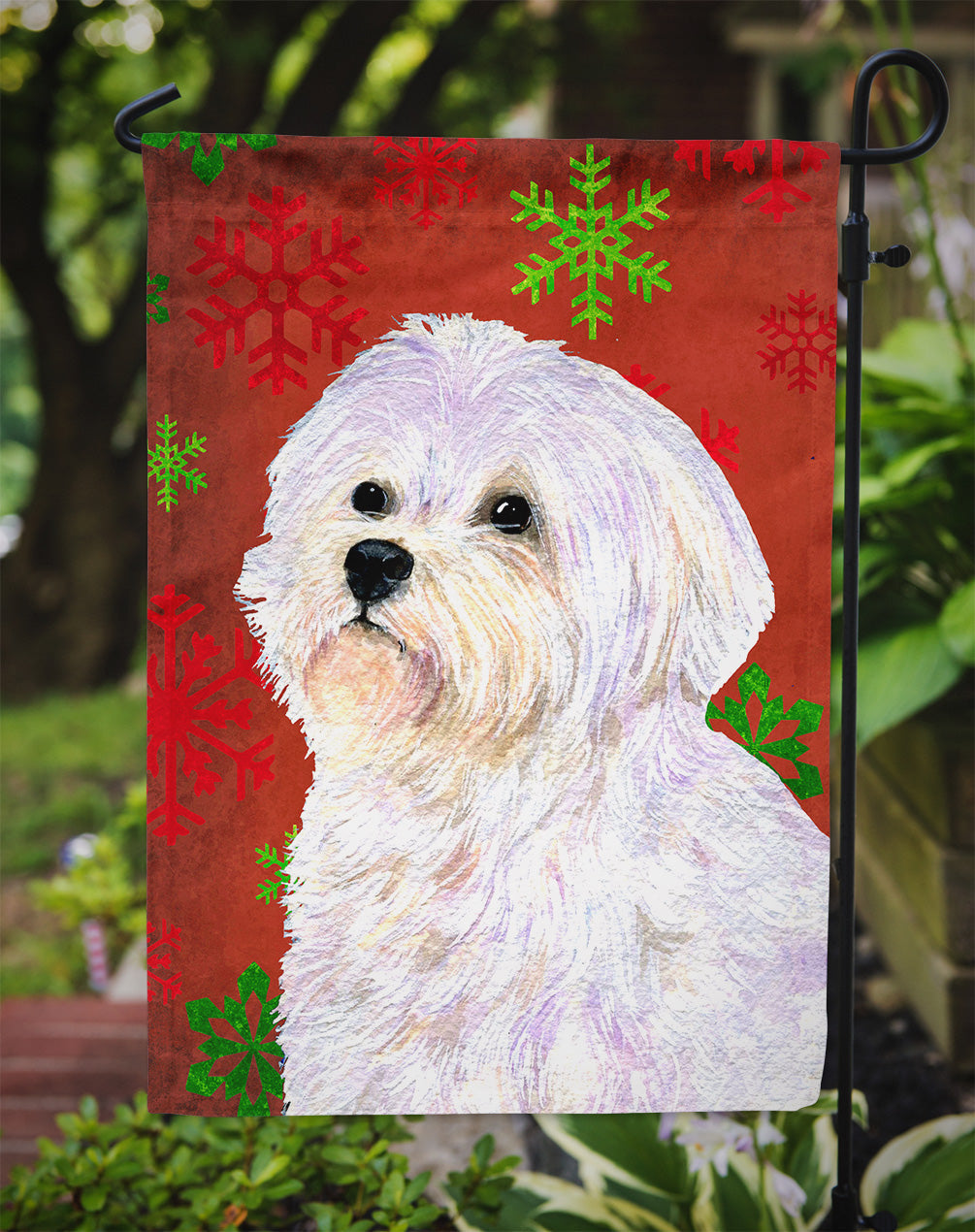 Maltese Red and Green Snowflakes Holiday Christmas Garden Flag Mailbox Decorative Yard Banner Outside Patio Artwork for Flower Beds, Garden Size, Multicolor