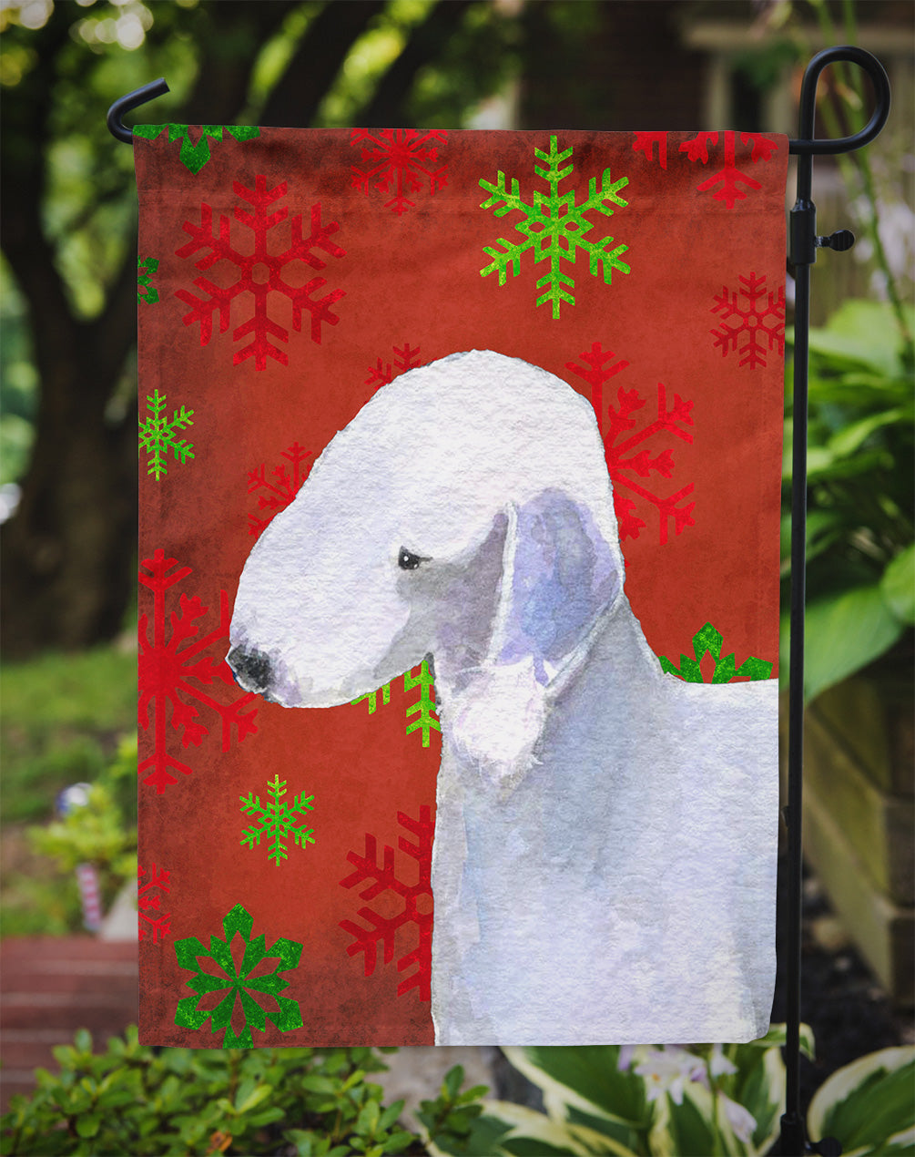 Bedlington Terrier Red and Green Snowflakes Holiday Christmas Garden Flag Mailbox Decorative Yard Banner Outside Patio Artwork for Flower Beds, Garden Size, Multicolor