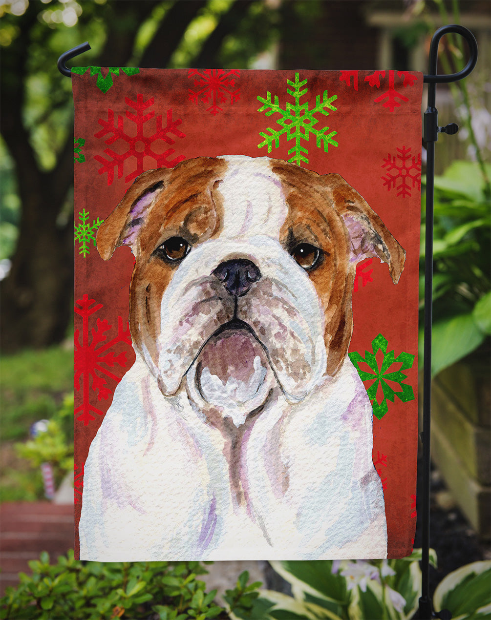Bulldog English Red and Green Snowflakes Holiday Christmas Garden Flag Mailbox Decorative Yard Banner Outside Patio Artwork for Flower Beds, Garden Size, Multicolor