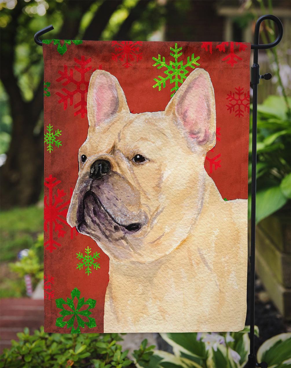 French Bulldog Red and Green Snowflakes Holiday Christmas Garden Flag Mailbox Decorative Yard Banner Outside Patio Artwork for Flower Beds, Garden Size, Multicolor
