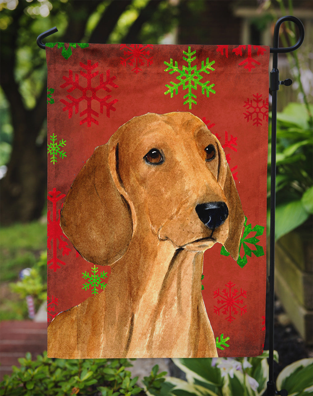 Dachshund Red and Green Snowflakes Holiday Christmas Garden Flag Mailbox Decorative Yard Banner Outside Patio Artwork for Flower Beds, Garden Size, Multicolor