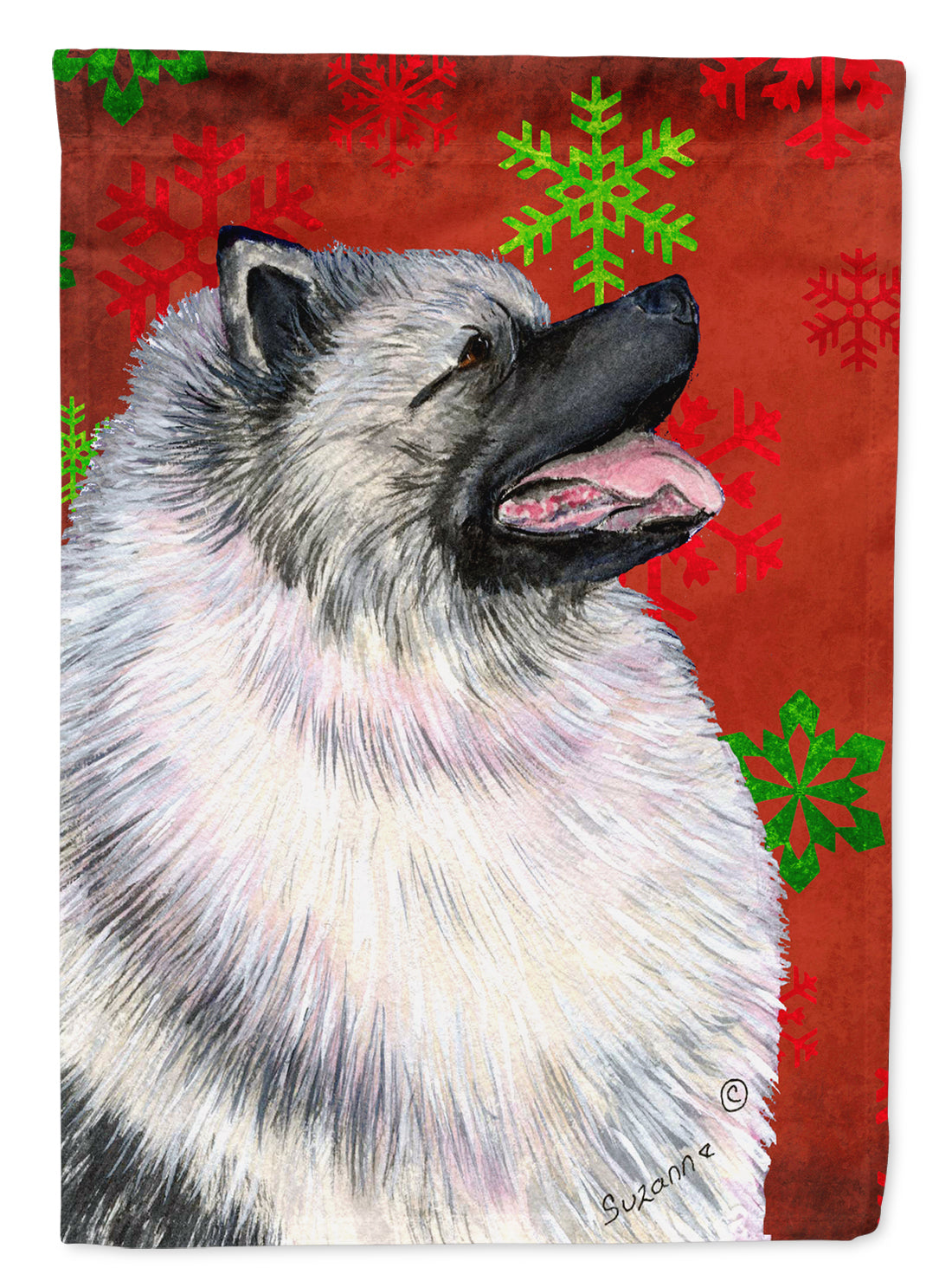 Keeshond Red and Green Snowflakes Holiday Christmas Garden Flag Mailbox Decorative Yard Banner Outside Patio Artwork for Flower Beds, Garden Size, Multicolor