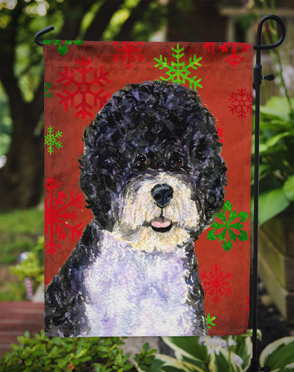 Portuguese Water Dog Red Green Snowflake Christmas Garden Flag Mailbox Decorative Yard Banner Outside Patio Artwork for Flower Beds, Garden Size, Multicolor