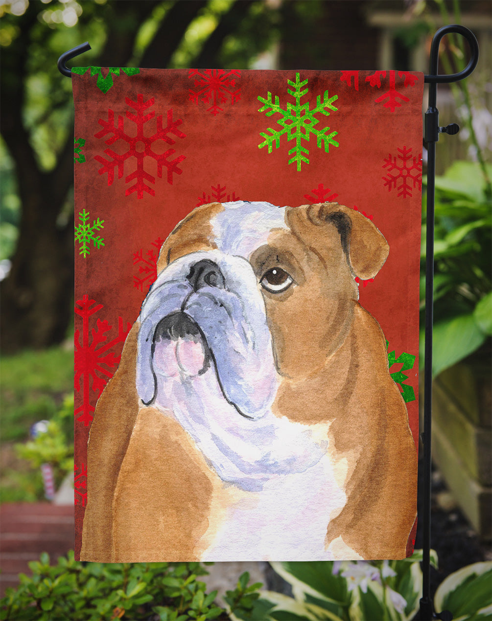 Bulldog English Red and Green Snowflakes Holiday Christmas Garden Flag Mailbox Decorative Yard Banner Outside Patio Artwork for Flower Beds, Garden Size, Multicolor