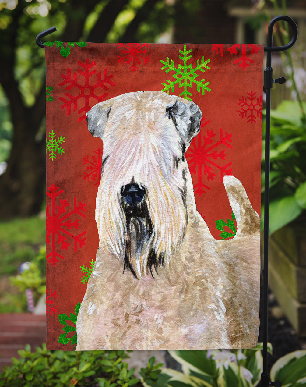 Wheaten Terrier Soft Coated Red Snowflakes Holiday Christmas Garden Flag Mailbox Decorative Yard Banner Outside Patio Artwork for Flower Beds, Garden Size, Multicolor