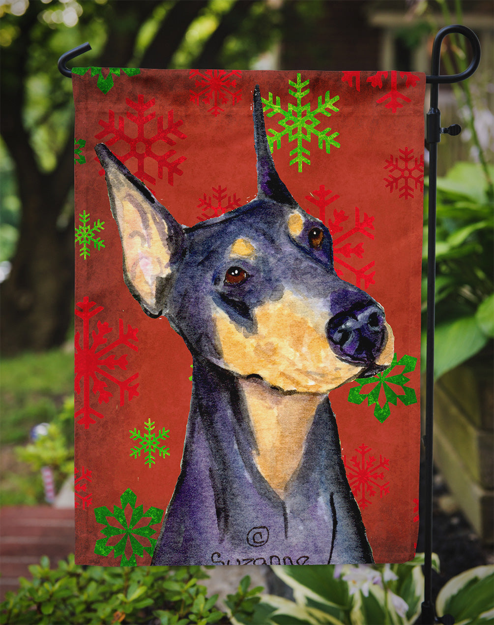 Doberman Red and Green Snowflakes Holiday Christmas Garden Flag Mailbox Decorative Yard Banner Outside Patio Artwork for Flower Beds, Garden Size, Multicolor