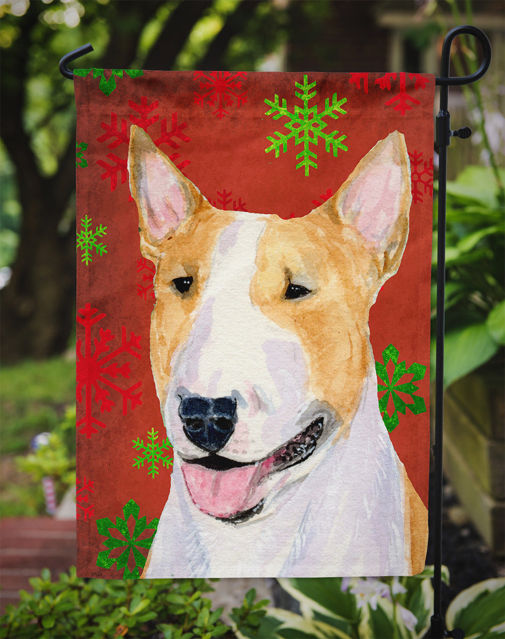 Bull Terrier Red and Green Snowflakes Holiday Christmas Garden Flag Mailbox Decorative Yard Banner Outside Patio Artwork for Flower Beds, Garden Size, Multicolor
