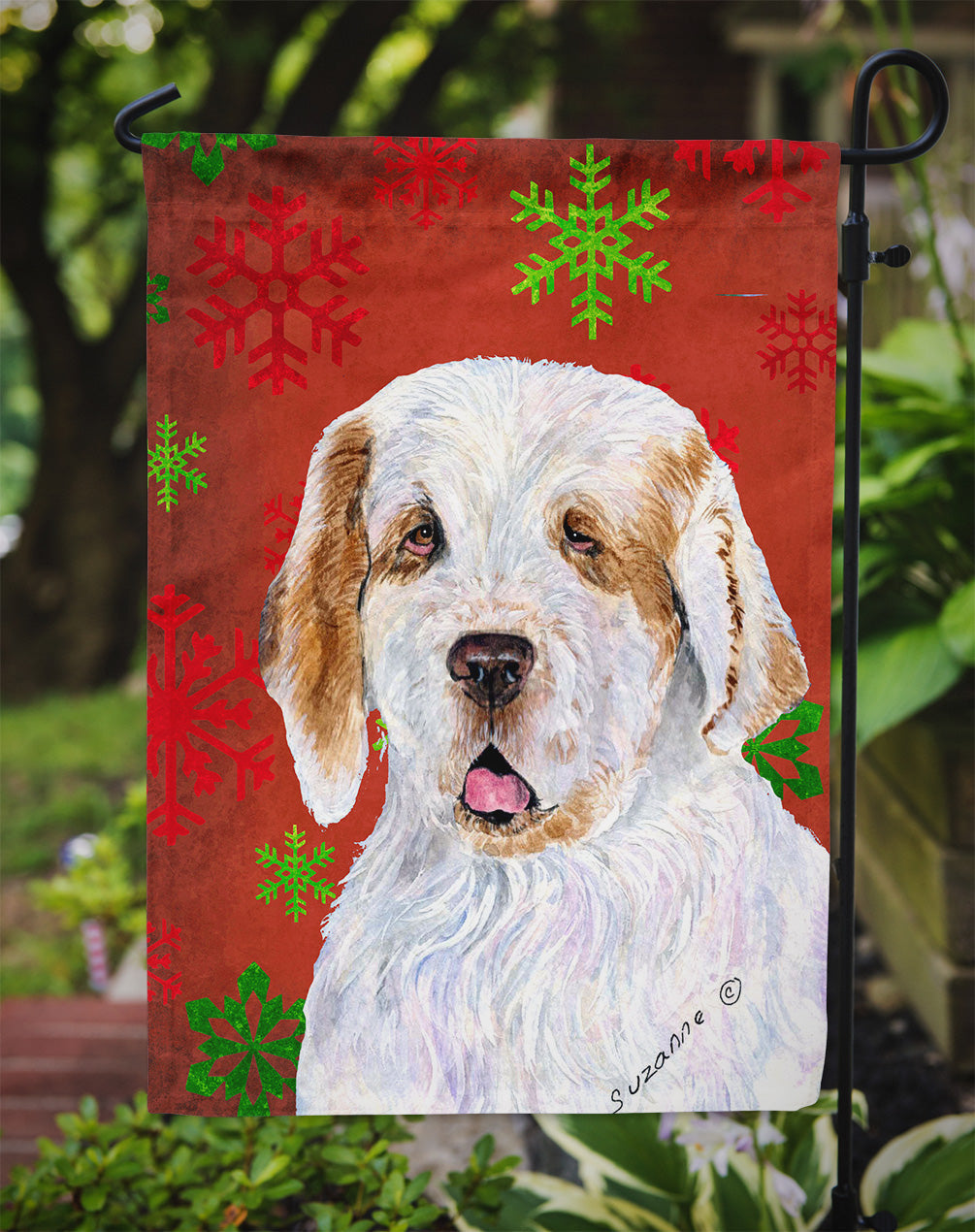 Clumber Spaniel Red and Green Snowflakes Holiday Christmas Garden Flag Mailbox Decorative Yard Banner Outside Patio Artwork for Flower Beds, Garden Size, Multicolor