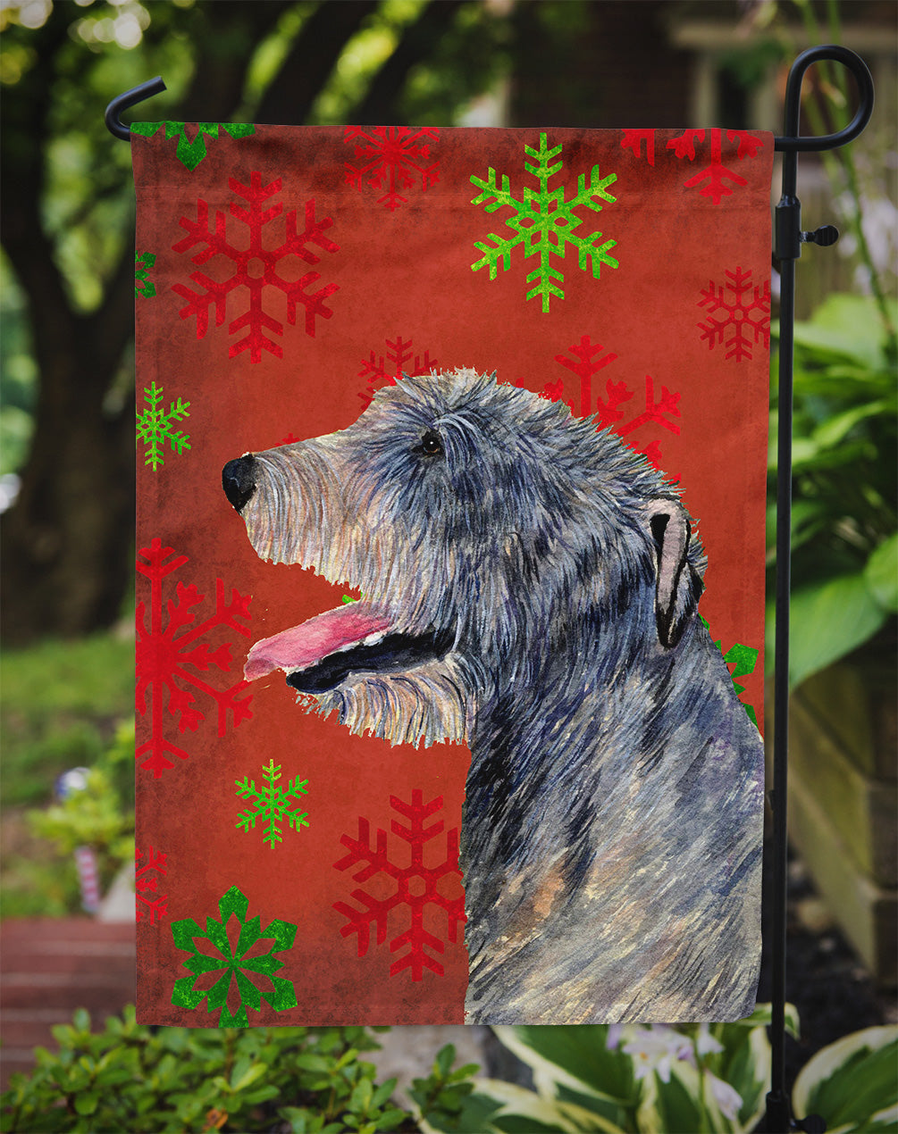 Irish Wolfhound Red and Green Snowflakes Holiday Christmas Garden Flag Mailbox Decorative Yard Banner Outside Patio Artwork for Flower Beds, Garden Size, Multicolor